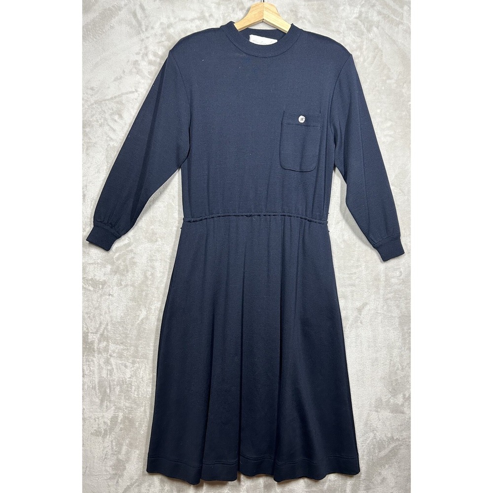 Vintage Schrader Knit Dress Womens 10 Navy Wool Stretch A-Line Midi‎ 1980s City